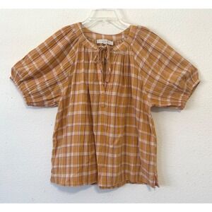 Loft Plaid Puff Sleeve Top Women's Size S Short Sleeve Blouse‎ Boho Cottagecore